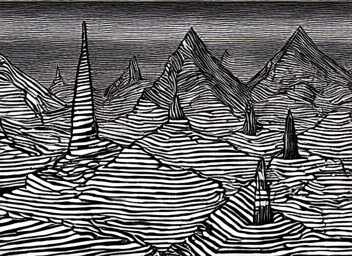 Image similar to Tapered Stone Monuments with sharp edges point to the overcast sky, Digital Art, Style of Stanley Donwood, 8k, Highly Detailed