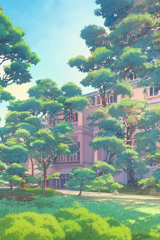 Image similar to a colorful high school building with beautiful trees, morning, by studio ghibli painting, superior quality, masterpiece, traditional Japanese colors, by Grzegorz Rutkowski, concept art