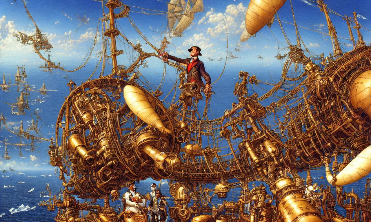 Prompt: close up of a gentleman navigator on deck of his steampunk airship flying over a vast ocean of a very large language model, observing giant flying robot harvesters collecting language relations in the background, painted by josh kirby and jean giraud and thomas kinkade, ligne claire, very detailed and colorful