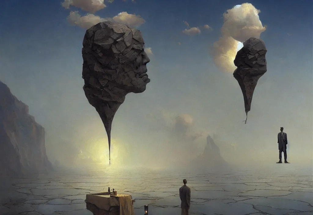 Image similar to thoughts of infinity, art by james gurney and greg rutkowski, surrealism by salvador dali, very detailed, high resolution, inspired by rene magritte, volumetric lighting
