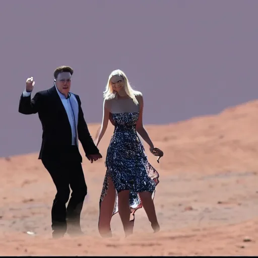 Image similar to elon musk and margot robbie holding hands on mars, highly detailed, hyper realistic