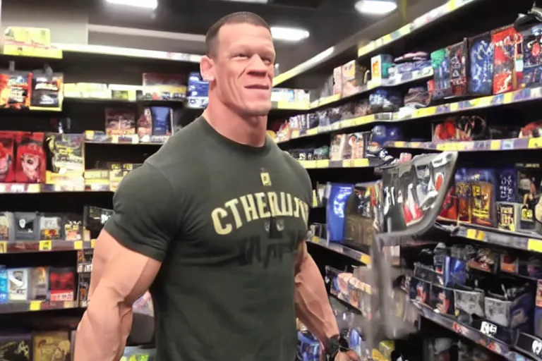 Prompt: cctv footage of john cena in a store