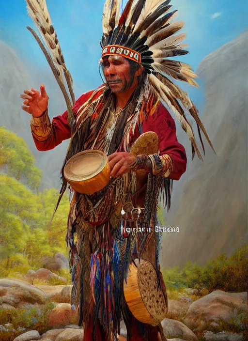 Image similar to a realistic painting of indigenous man playing shamanic drum, highly detailed, matte painting, fantasy art