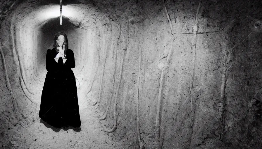 Image similar to portrait of a white female phantom with a root fingers in an empty soviet tunnel, early black and white 8mm, heavy grain, low quality,