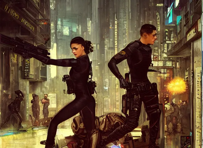 Prompt: Selina evades sgt Griggs. Cyberpunk hacker escaping Menacing Cyberpunk police trooper griggs. (dystopian, police state, Cyberpunk 2077, bladerunner 2049). Iranian orientalist portrait by john william waterhouse and Edwin Longsden Long and Theodore Ralli and Nasreddine Dinet, oil on canvas. Cinematic, vivid colors, hyper realism, realistic proportions, dramatic lighting, high detail 4k