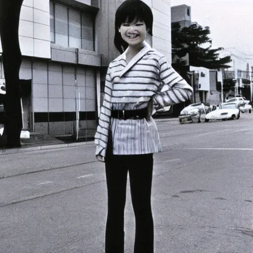 Prompt: 80's Japanese photo, medium shot, a preteen girl smile for cam, stand on the street, Professional Photography