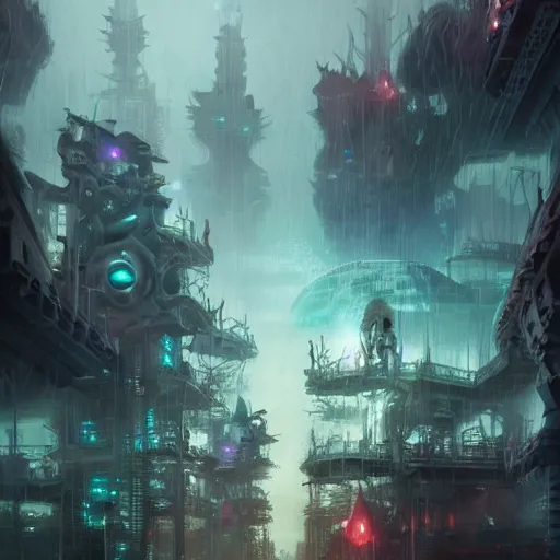 Prompt: future dream city, chaotic paradise, love dead and robot, mist, rain, battle, hell, giant monster fight, vortex with light inside, matte painting, featured on artstation, by peter mohrbacher