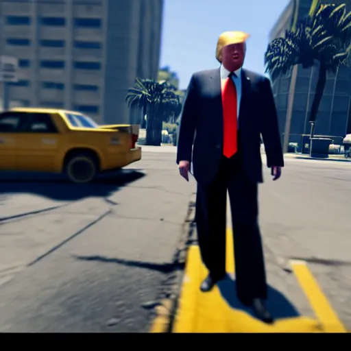 Prompt: donald trump busted in gta v, open world gameplay, isometric view, ps 5 screenshot, third person perspective, 3 d render, cryengine, highly detailed