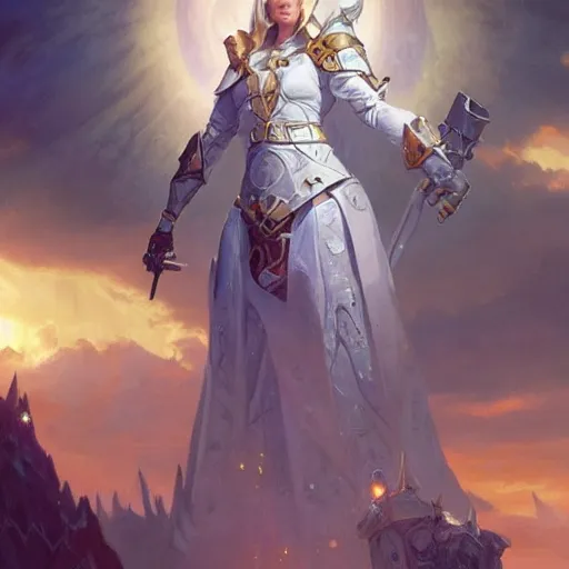 Image similar to paladin with white hair in magical full plate holding a large glowing tower shield standing in front of an airship, heroic, epic, D&D, trending on artstation, 4k, art by Greg Rutkowski and Alphonse Mucha