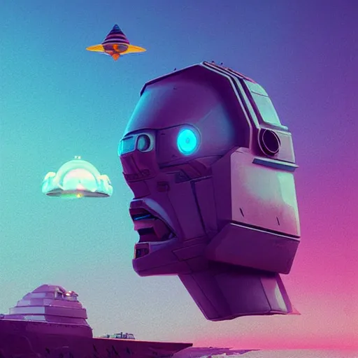 Image similar to giant robot head on the ground while robotic dolphins are flying in the sky by beeple, digital art