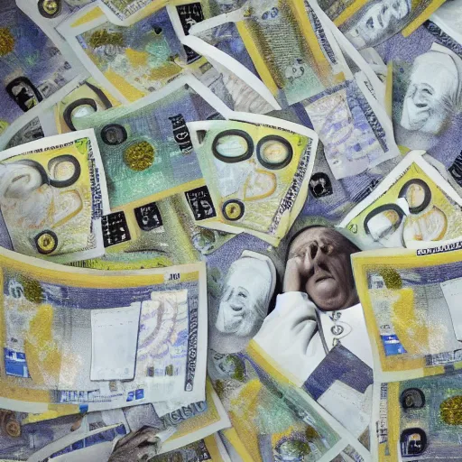 Image similar to A medium shot photograph of the pope laying on a huge pile of euro bills, 4k ultrahd