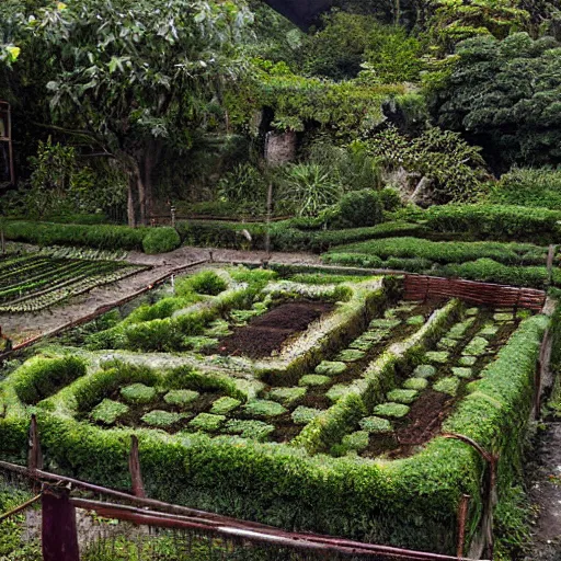 Image similar to highly detailed vegetable garden las pozas, lots of leaves, fence line, detailed. rule of thirds. intricate. sharp focus. wide angle. unreal engine 8 k. painting, wlop, cinematographer jom jarmusch, film noir.