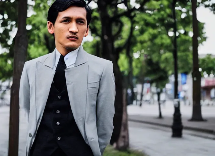 Image similar to outdoor medium portrait of jose rizal!! as a very very very very extremely handsome!!! good looking young man in 2 0 2 2 wearing stylish modern clothes!! photo taken in 2 0 2 2, 3 5 mm f 1. 4 digital color photo, modern clothes