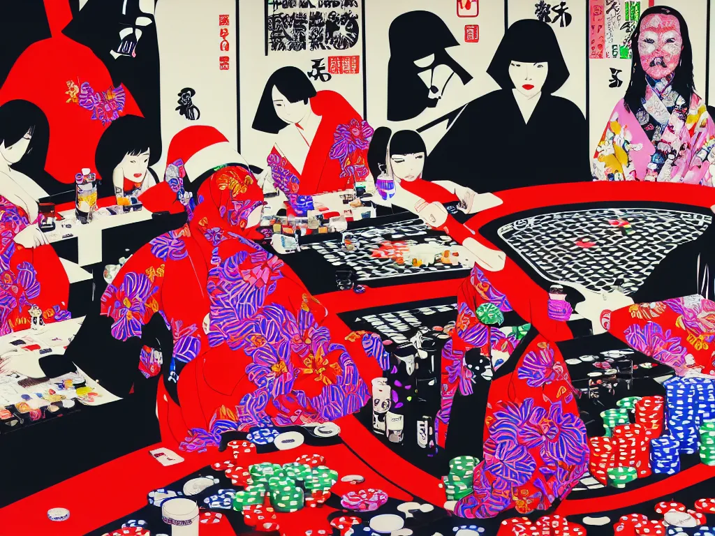 Image similar to hyperrealistim composition of the detailed single woman in a japanese kimono sitting at a extremely detailed poker table with darth vader, fireworks, river on the background, pop - art style, jacky tsai style, andy warhol style, acrylic on canvas