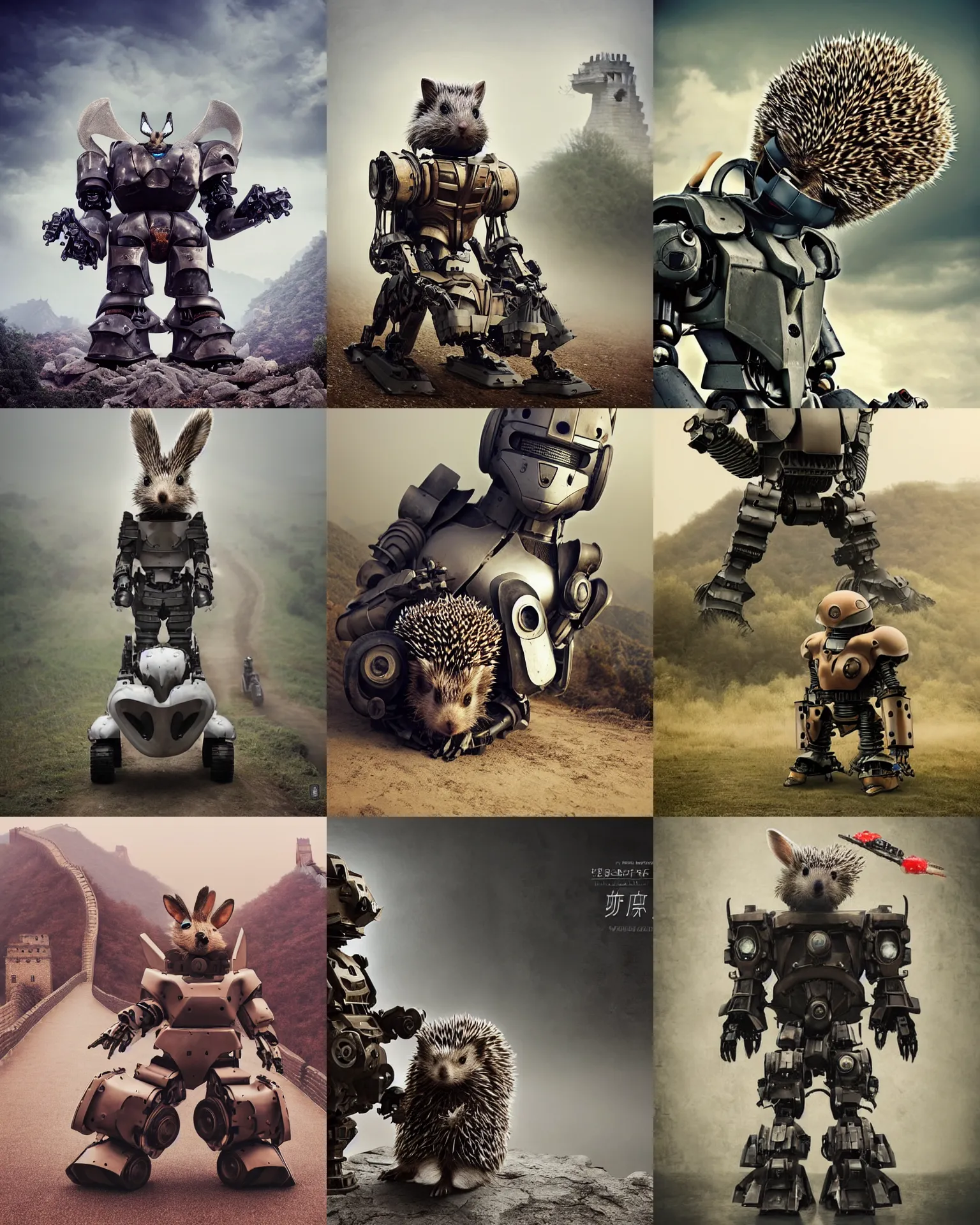 Prompt: hedgehog!!! on mecha robot war armor battle motorcycle with giant rabbit and long ears ,on great wall of china , full body , Cinematic focus, Polaroid photo, vintage , neutral dull colors, soft lights, foggy mist , by oleg oprisco , by thomas peschak, by discovery channel, by victor enrich , by gregory crewdson