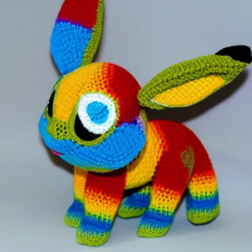 Prompt: rainbow coloured crochet eevee from pokemon