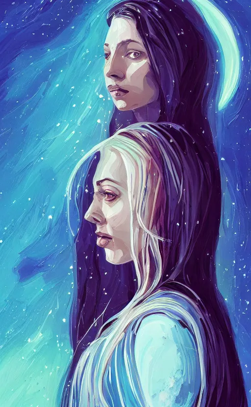 Prompt: a beautiful painting portrait of galadriel beautiful and fair skin, art of alena aenami, featured on artstation, vertical orientation, paint brush strokes, expressionism, brushstroke - laden, breathtaking clouds, birds, ocean, beautiful stars, long exposure, big moon radius, airy midnight theme, blue purple gradient, lens flare