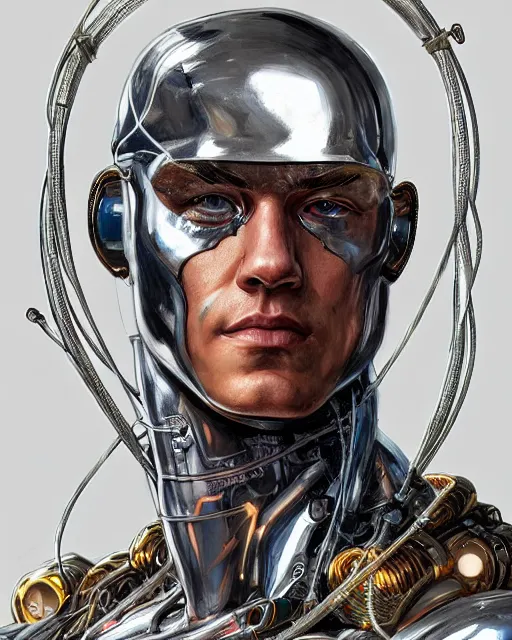 Image similar to cyborg viking portrait, wires and cables, metallic chrome, tattoos, greg rutkowski, full - body character concept art, ismail inceaglu