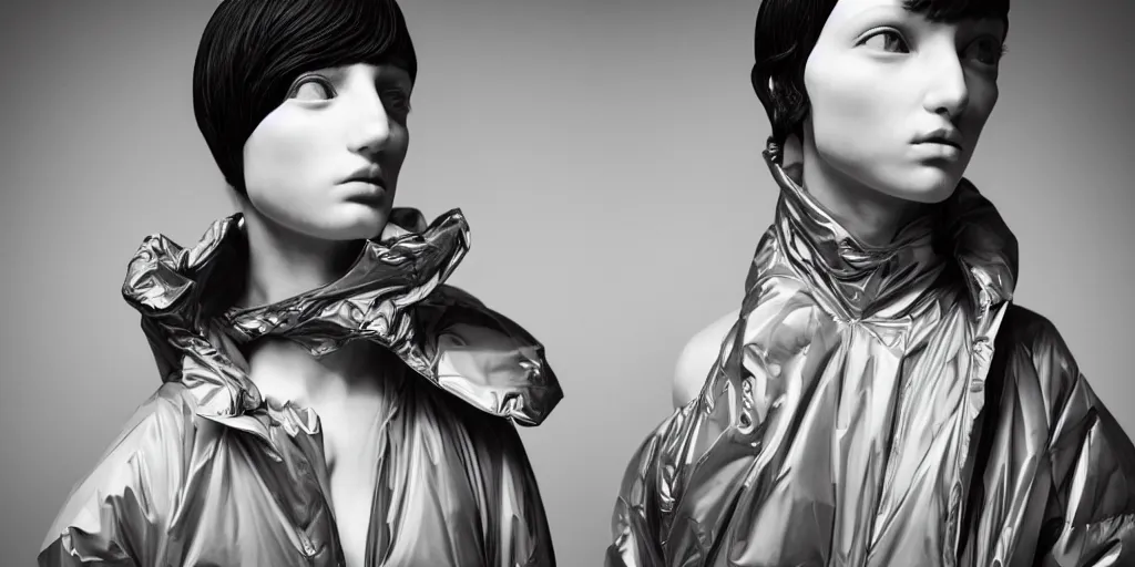 Image similar to well lit fashion shoot portrait of extremely beautiful female marble statue wearing huge over size puffer jacket by rei kawakubo, haute couture, comme de garcon, balenciaga, sharp focus, clear, detailed,, cinematic, detailed, black, glamorous, symmetrical, vogue, editorial, fashion, magazine shoot, glossy