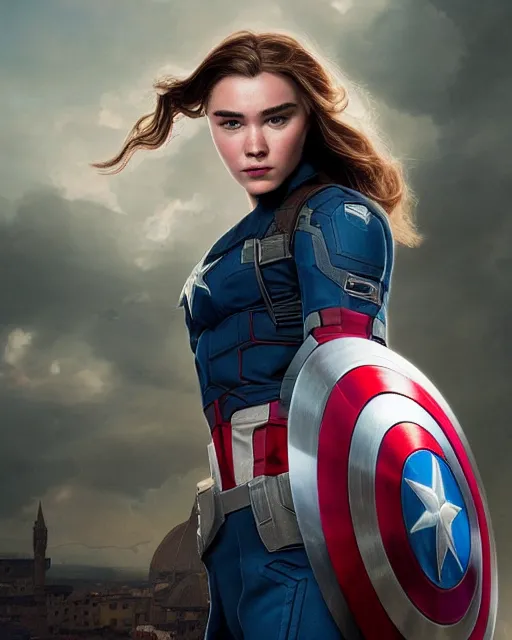 Image similar to 5 5 mm portrait photo of florence pugh as captain america. magical atmosphere. art by artgerm and greg rutkowski. highly detailed 8 k. intricate. lifelike. soft light. nikon d 8 5 0.