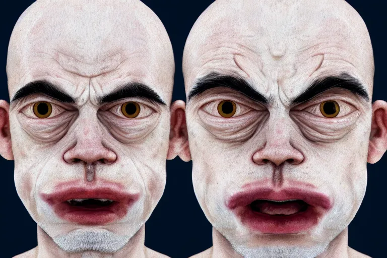 Prompt: right side zoom out portrait of white skin Caucasian bold wojak meme youth white wojak meme young wojak meme with very wrinkled forehead very white skin , right side, insanely detailed, 8K , HDR , GFX Association , low angle, tilted , perfect lighting , professional lenses awards winning trending on Artstation , cover , national geographic best photo of the year