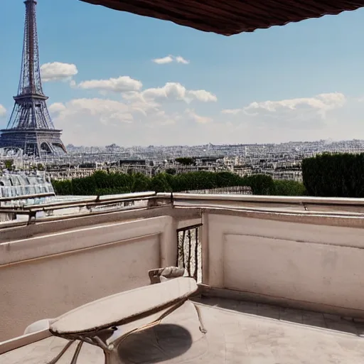 Image similar to clay pot on balcony overlooking paris eiffel tower, light pastel blue sky and clouds in the background, softly - lit, soft - warm, zen, light, modern minimalist f 2 0 clean