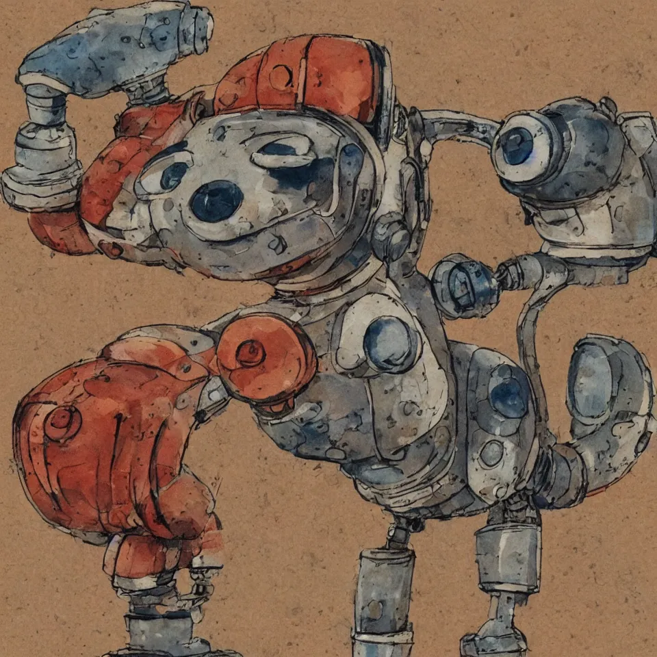 Image similar to a detailed illustration of a cute retro robot dog, alcohol inks on parchment, muted colors, detailed, textured parchment background, 1 9 5 0 s concept art