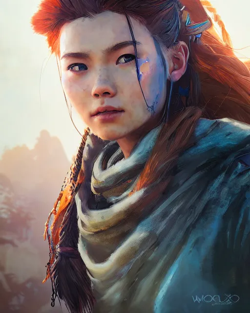 Prompt: action portrait of aloy from horizon zero dawn, digital art, muted colors, visible paint, bokeh, hyperdetailed face by nixeau, by wlop, by guweiz, by loish