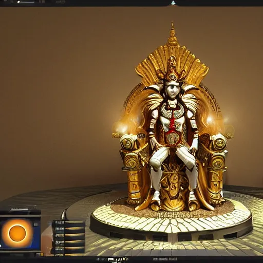 Image similar to the king of an alien race sits on a futuristic looking throne, the appearance of the king was inspired by the looks of god vishnu, the king also wears some beautiful jewlery, unreal engine 5 digital art