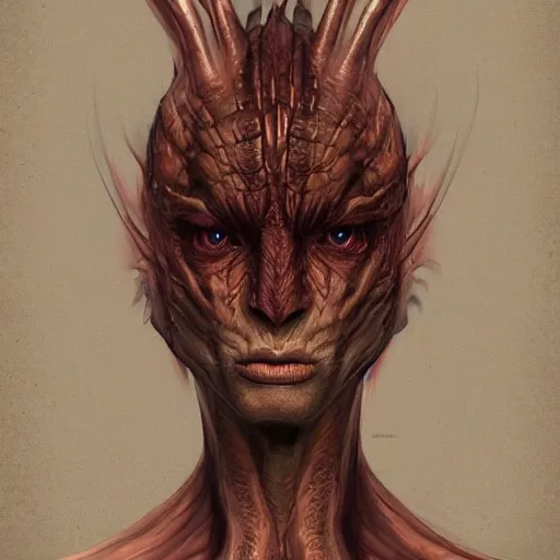 Prompt: Portrait of a human dragon hybrid concept art by George Stubbs, highly detailed, ultra detailed, ultra realistic, trending on artstation