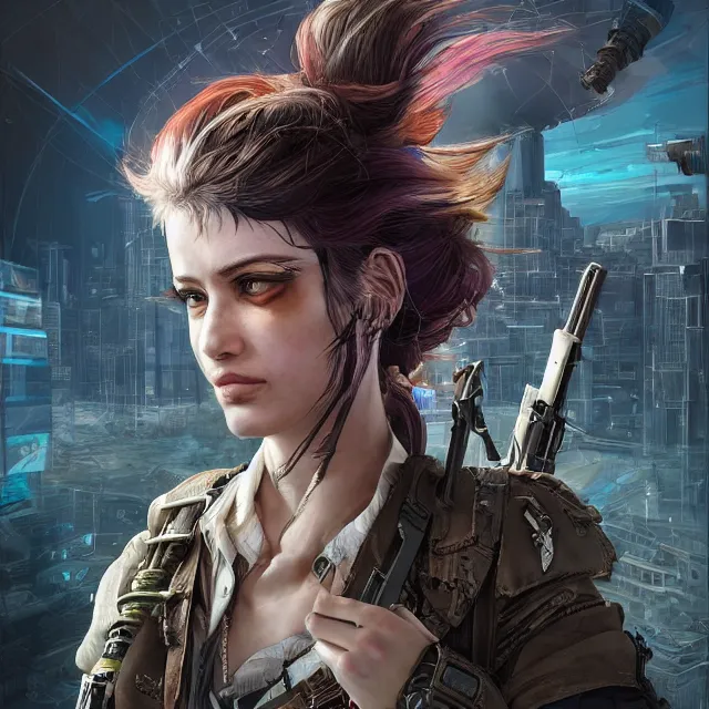 Image similar to the portrait of lawful neutral female cyberpunk infantry sniper as absurdly beautiful, gorgeous, elegant, young woman looking up, an ultrafine hyperdetailed illustration by kim jung gi, irakli nadar, intricate linework, bright colors, octopath traveler, final fantasy, unreal engine 5 highly rendered, global illumination, radiant light, detailed and intricate environment