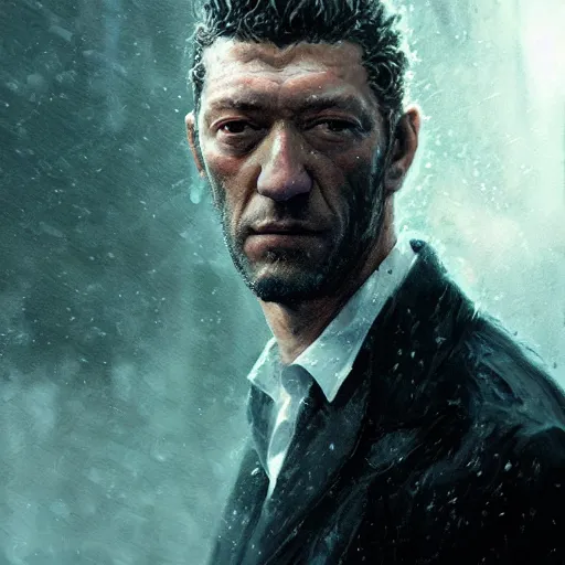 Prompt: portrait of Vincent Cassel, amazing splashscreen artwork, splash art, head slightly tilted, natural light, elegant, intricate, fantasy, atmospheric lighting, cinematic, matte painting, by Greg rutkowski