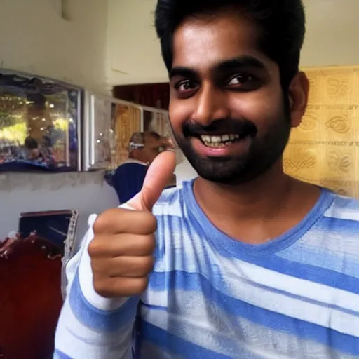 Image similar to a photo taken with an android camera of an indian guy with an awkward smile giving a thumbs up