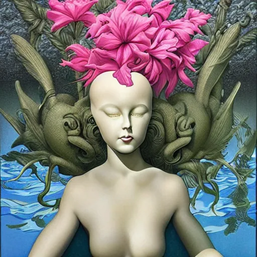 Prompt: Michael Parkes, award winning masterpiece with incredible details, Michael Parkes, a surreal vaporwave vaporwave vaporwave vaporwave vaporwave painting by Michael Parkes of an old pink mannequin head with flowers growing out, sinking underwater, highly detailed Michael Parkes