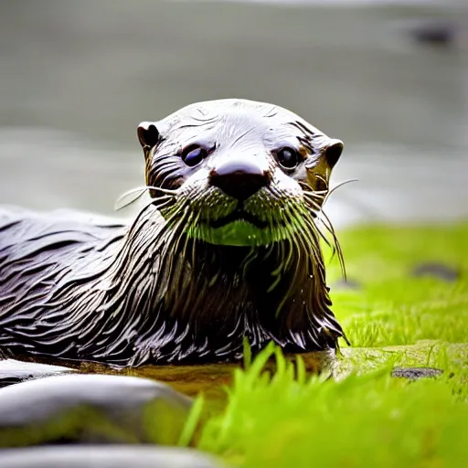 Prompt: a wet otter sitting on a rock in the grass, a tilt shift photo by brenda chamberlain, featured on flickr, furry art, creative commons attribution, sharp focus, sabattier filter
