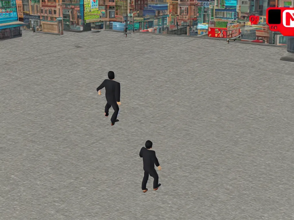 Prompt: glitchy Nintendo 64 N64 game, third person, man walking through city