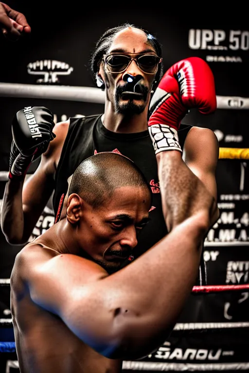 Image similar to snoop dogg join muay thai and be ufc fighter, high resolution, photorealistic, smooth texture, 4 k, aesthetic lighting, baroque object, sharp focus, hyperdetailed object, professional photography, pullitzer winning, 8 0 0 photo by : canon eos 5 d mark iv, by karah mew and adnan abidi and jodie bateman