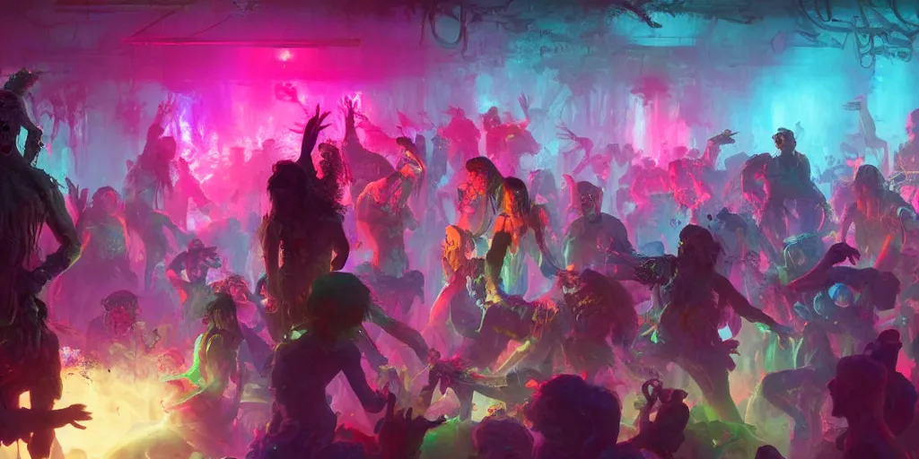 Prompt: a zombie disco party, vivid colors, extremely detailed digital painting, in the style of fenghua zhong and ruan jia and jeremy lipking and peter mohrbacher, mystical colors, rim light, beautiful lighting, 8 k, stunning scene, raytracing, octane, trending on artstation