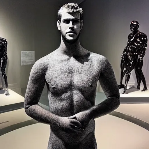 Image similar to “ a realistic detailed photo of a guy who is an attractive humanoid who is half robot and half humanoid, who is a male android, actor liam hemsworth, shiny skin, posing like a statue, blank stare, at the museum, on display ”