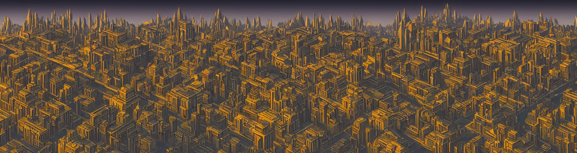 Image similar to a wide landscape shot of a dwarven city with retrofuturist art deco architecture