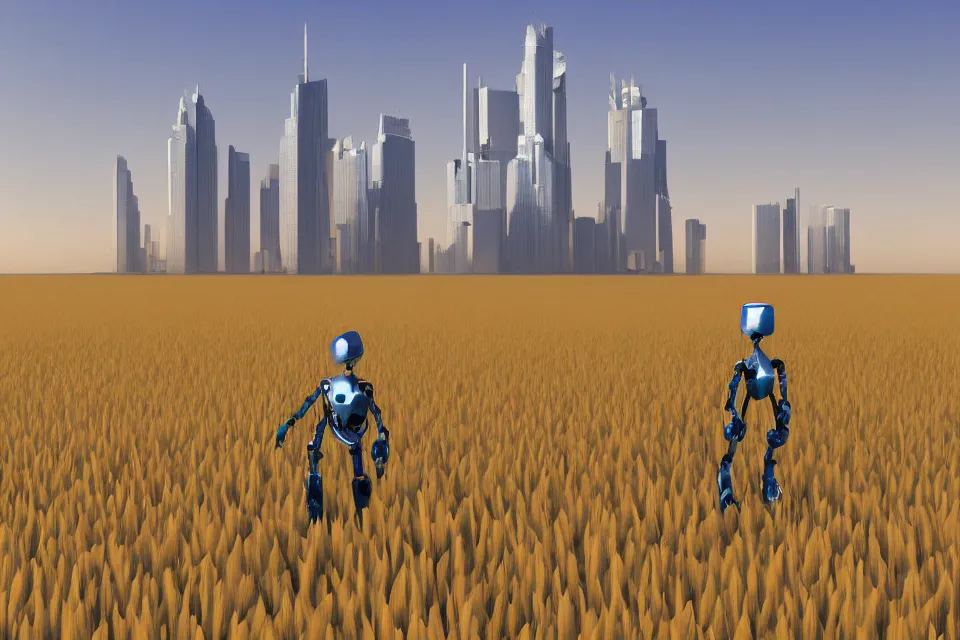 Prompt: sci-fi painting of many skyscraper in distant mirage, on the vast wheat fields, only one humanoid robot on the ground, lowpoly style, godrays, detailed