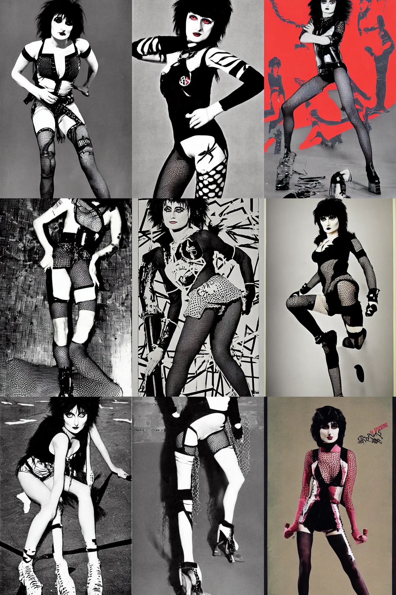 Prompt: siouxsie sioux roller derby girl sprinting Cross-Over, full length portait, fishnet tights, torn, ripped, logo design by Philippe Caza, 1960s