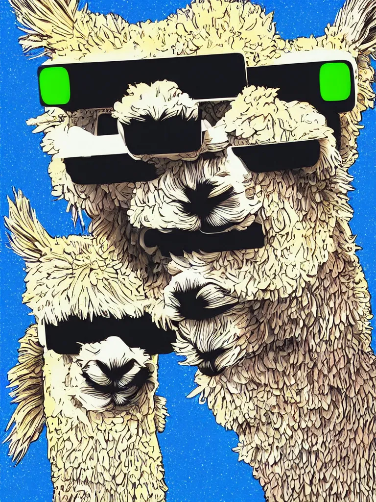 Prompt: poster of an alpaca wearing VR glasses ,illustration, highly detailed, no gradients, pop art