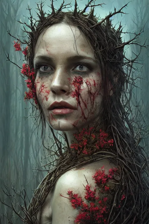 Prompt: wide perspective, very complex hyper-maximalist overdetailed cinematic darkfantasy portrait of a beautiful woman bound by thorns in a rotting bog by andrei riabovitchev, tomasz alen kopera, oleksandra shchaslyva. Omnious intricate, octane, Deviantart, hyper detailed illustration, 8k