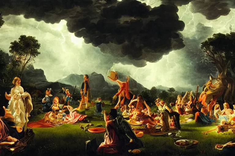 Image similar to a detailed illustration of a god ruining a picnic in the park, nightmare in the park, small crowd of people, calamity, dark storms with lightning, 8 k, in a baroque style