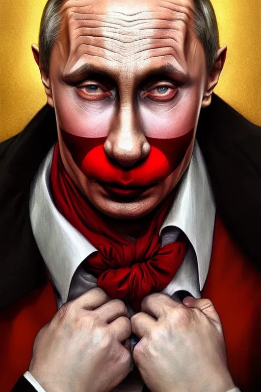 Image similar to vladimir putin as a clown, realistic portrait, symmetrical, highly detailed, digital painting, artstation, concept art, smooth, sharp focus, illustration, cinematic lighting, art by artgerm and greg rutkowski and alphonse mucha