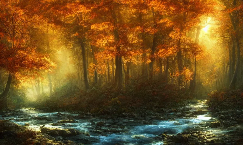 Prompt: river in a forest during the golden hour in autumn, digital art, concept art, fantasy art, highly detailed, hd wallpaper, hdr, artstation, deviantart, behance