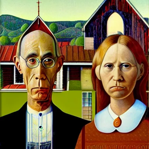 Image similar to american gothic replaced with horses, by grant wood