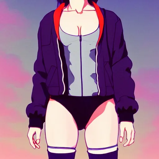 Prompt: a beautiful! boyish! natalie portman alluring gravure! model, wearing oversized mayan bomber jacket and leotard with overalls, bulky poofy bomber jacket with mayan patterns, aztec street fashion, gapmoe yandere grimdark, trending on pixiv fanbox, painted by greg rutkowski makoto shinkai takashi takeuchi studio ghibli