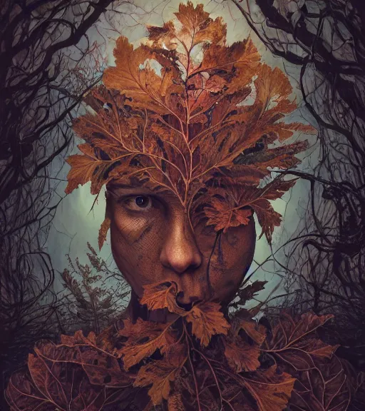 Prompt: portrait, nightmare anomalies, leaves by dariusz zawadzki, kenneth blom, mental alchemy, james jean, pablo amaringo, naudline pierre, contemporary art, hyper detailed